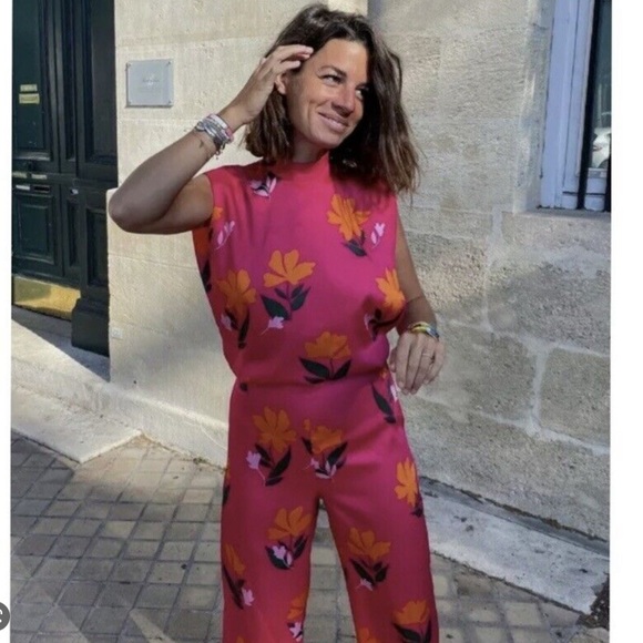 NWT. Zara Pink Satin Effect Flowers Print Sleeveless Jumpsuit. Size XS - Picture 4 of 14